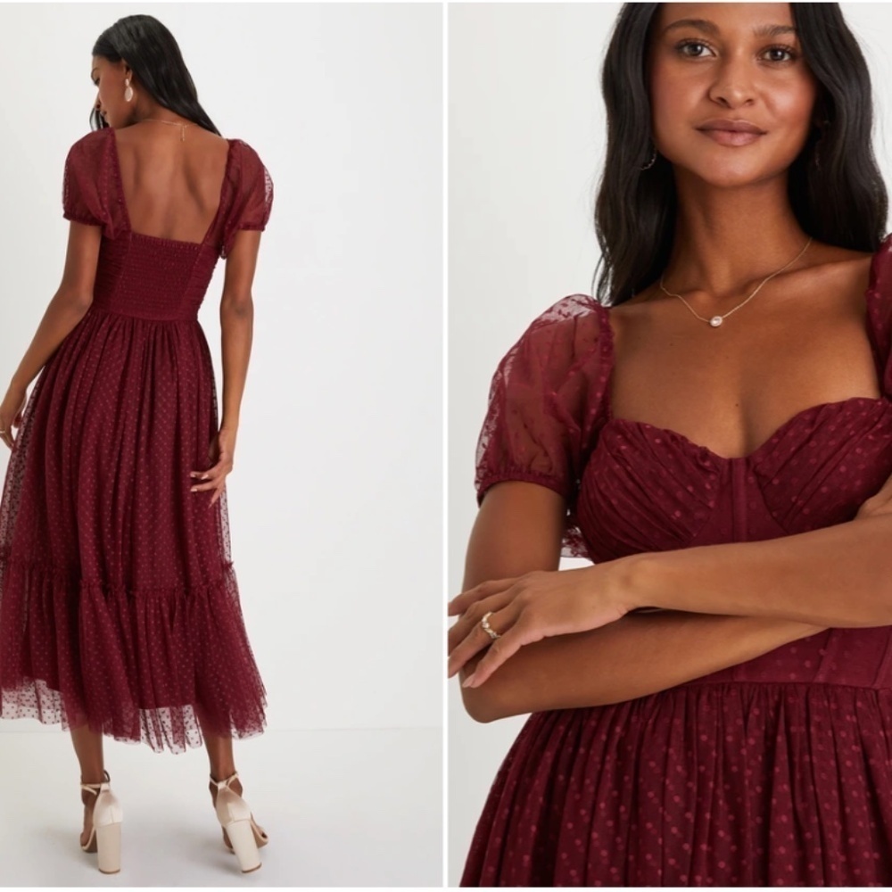 LULU's Sexy Wedding Elegant Boho Sweet Swiss Dot Tulle Chic Midi Dress - Picture 5 of 6